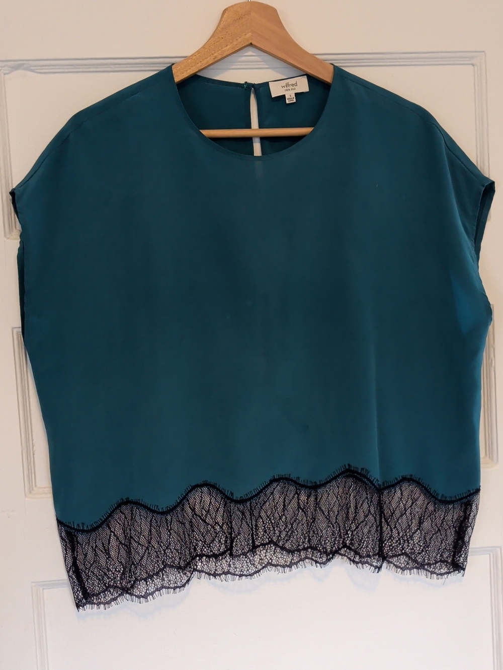 Wilfred Teal Cap-Sleeve Top with Black Lace Hem